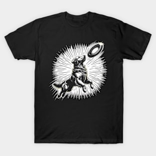 Golden retriever dog holding a flying saucer in the air T-Shirt